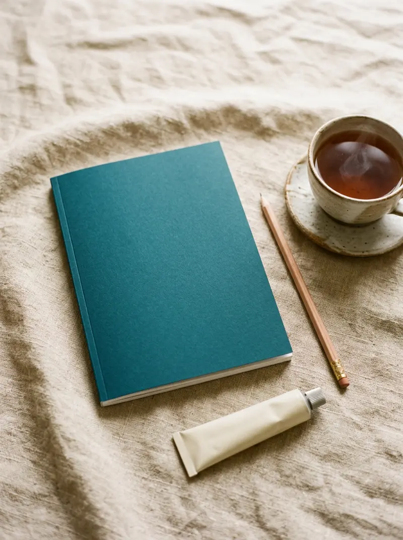The SkinMatters guide lying on linen beside a cup of tea