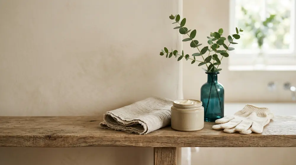 A calm bathroom shelf with a jar of cream, linen towel, eucalyptus and cotton gloves