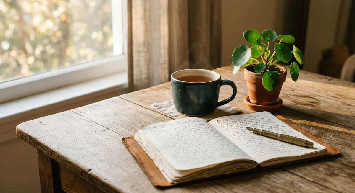 An open journal beside a cup of tea in soft afternoon light