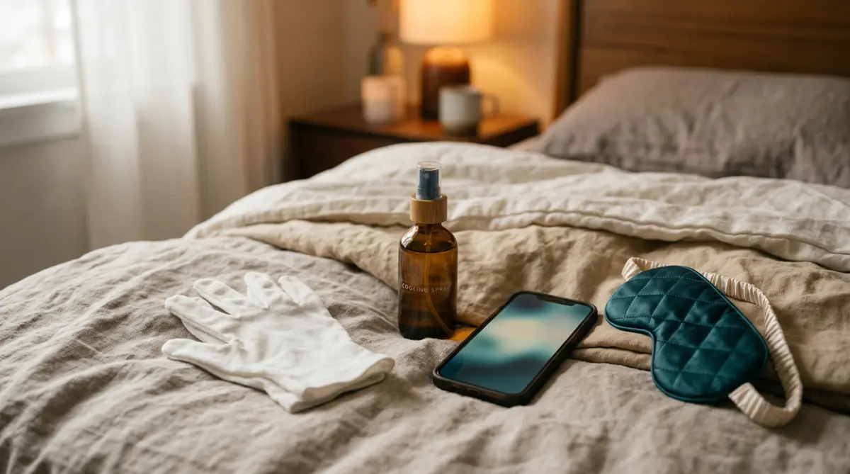 Cotton gloves, a cooling spray and a sleep mask on linen bedding at night