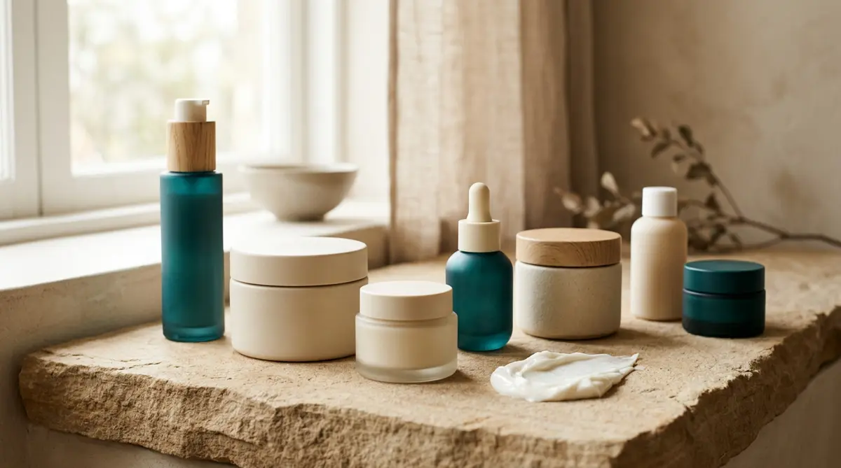 Unlabelled cream jars and lotion bottles on a sandstone surface